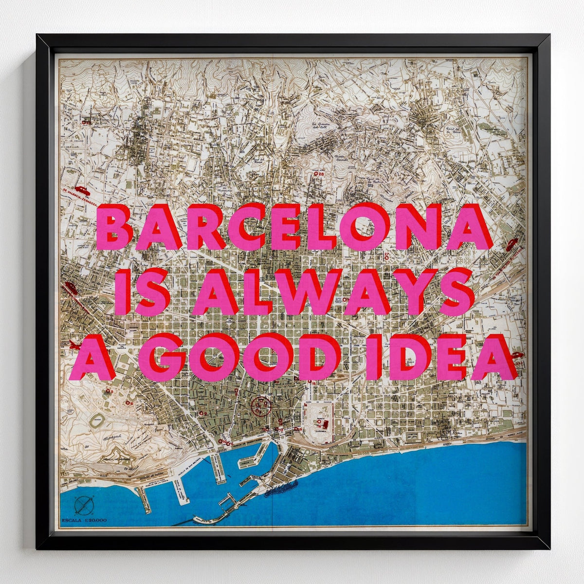 Barcelona Retro Pop Art Map Print (square) - black frame mockup - Magic Posters