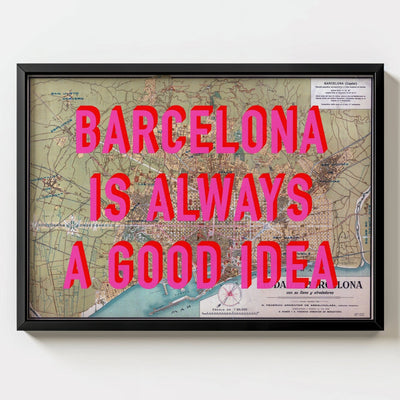Barcelona Retro Pop Art Map Print (landscape) - black frame mockup - Magic Posters