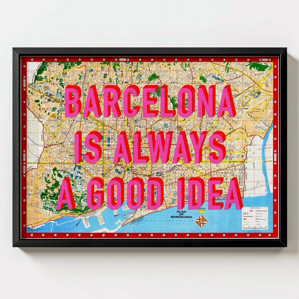 Barcelona Retro Pop Art Map Print (landscape V2) - black frame mockup - Magic Posters