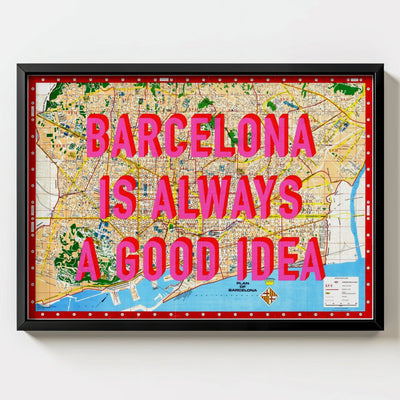 Barcelona Retro Pop Art Map Print (landscape V2) - black frame mockup - Magic Posters