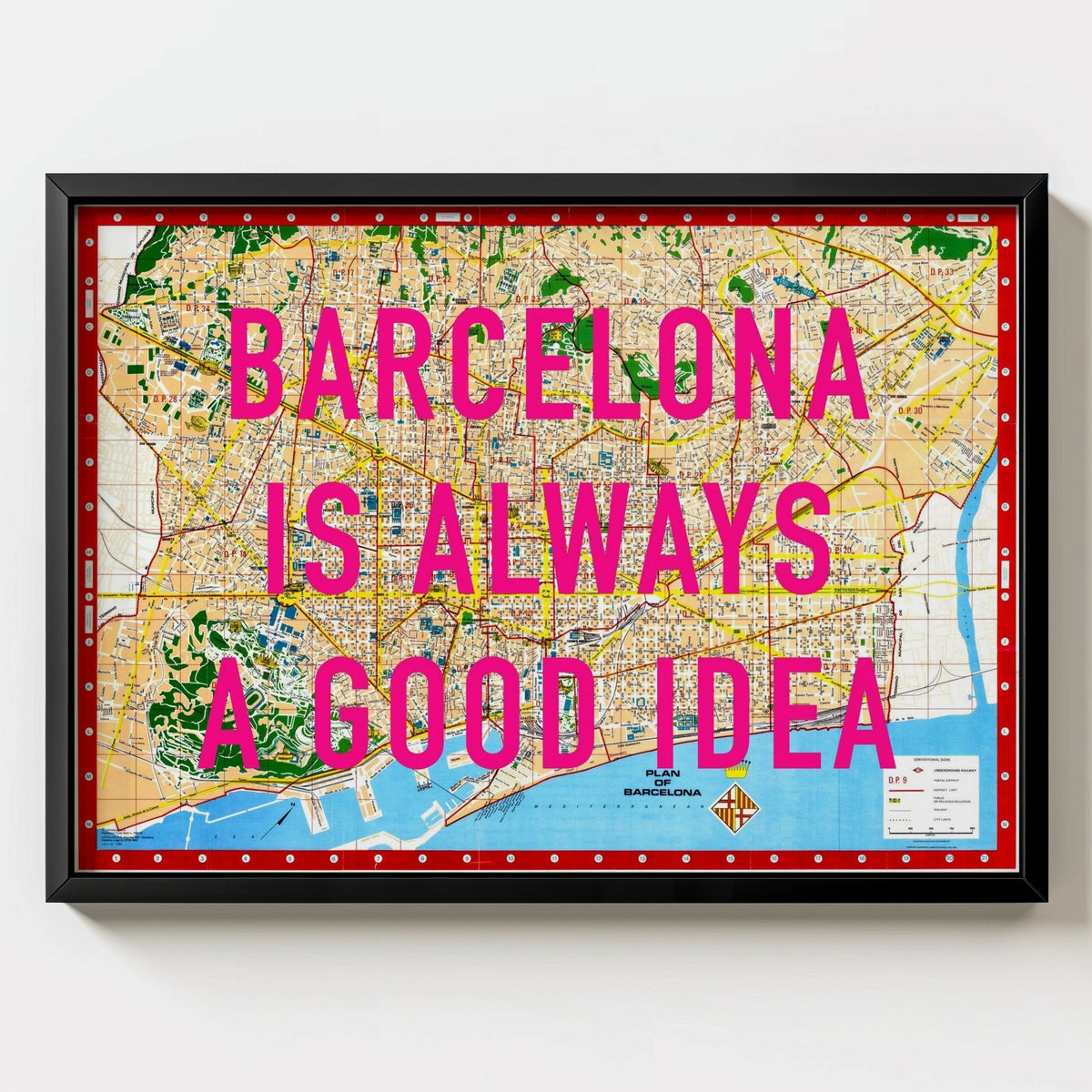 Barcelona Retro Pop Art Map Print (landscape V2) - black frame mockup - Magic Posters