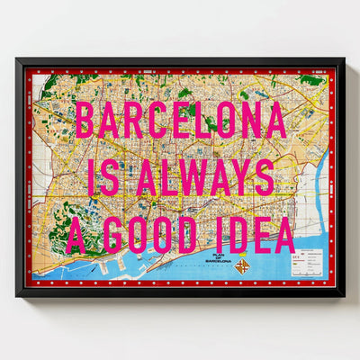 Barcelona Retro Pop Art Map Print (landscape V2) - black frame mockup - Magic Posters