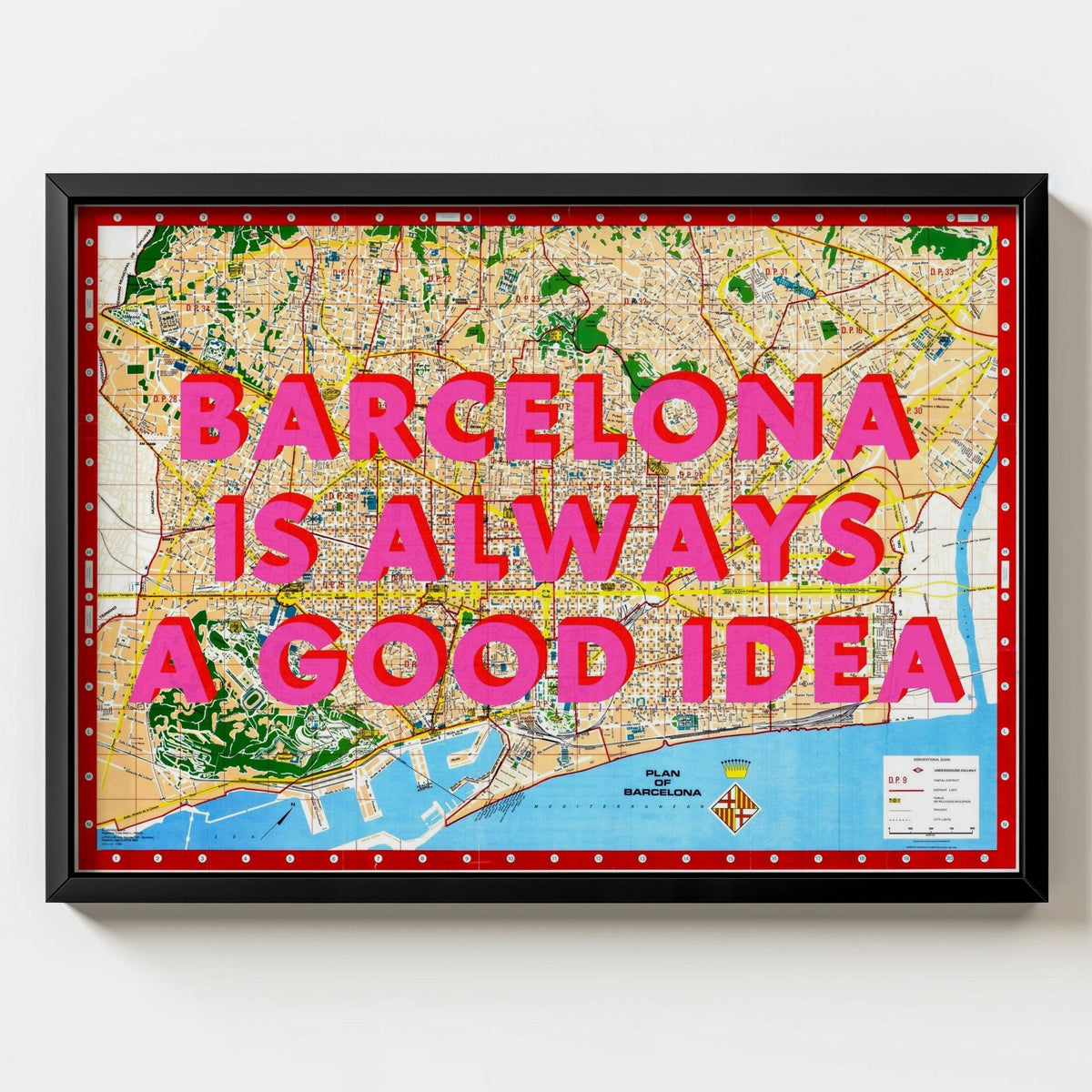 Barcelona Retro Pop Art Map Print (landscape V2) - black frame mockup - Magic Posters