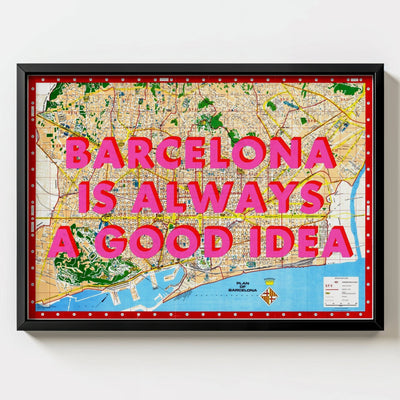 Barcelona Retro Pop Art Map Print (landscape V2) - black frame mockup - Magic Posters