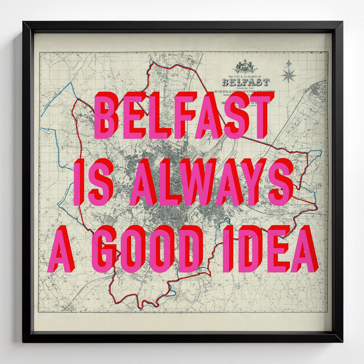Belfast Retro Pop Art Map Print - black frame mockup - Magic Posters