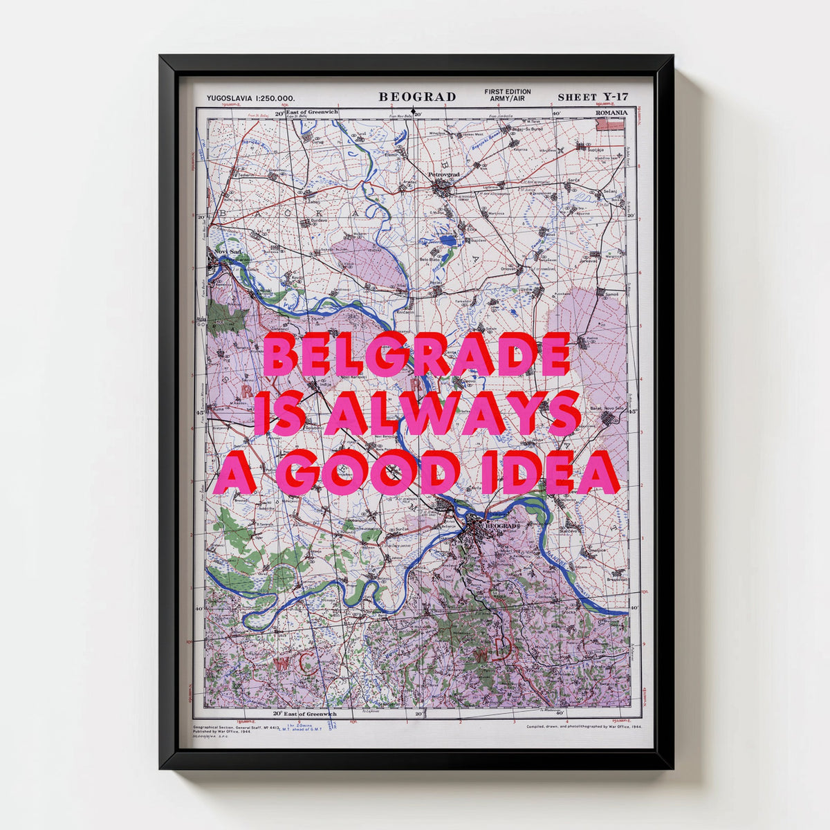Belgrade Retro Pop Art Map Print (portrait) - black frame mockup - Magic Posters
