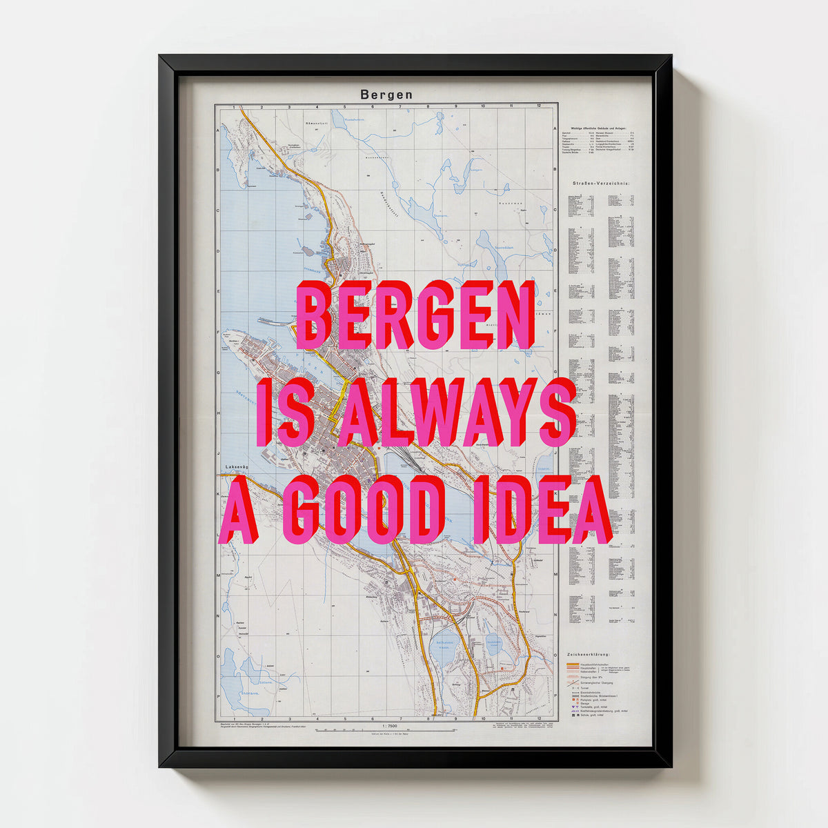 Bergen Retro Pop Art Map Print (portrait) - black frame mockup - Magic Posters Bold