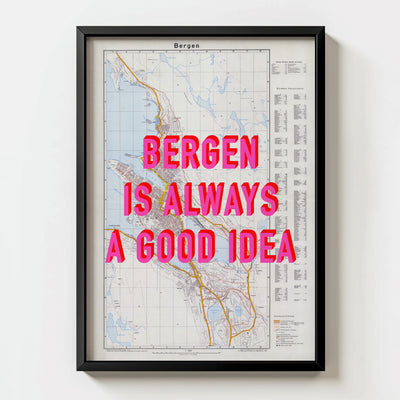 Bergen Retro Pop Art Map Print (portrait) - black frame mockup - Magic Posters Bold