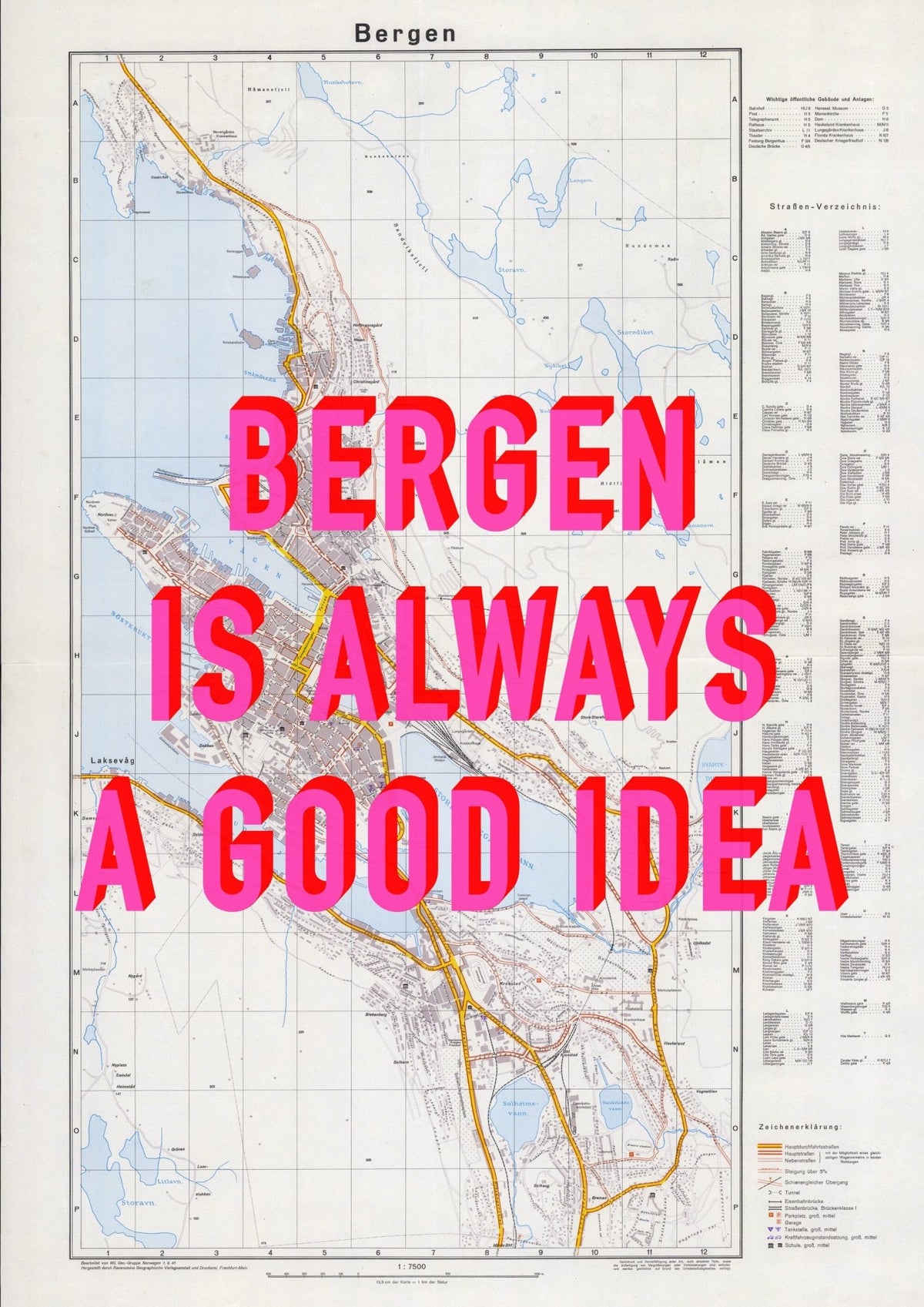 Bergen Retro Pop Art Map Print (portrait) - Magic Posters