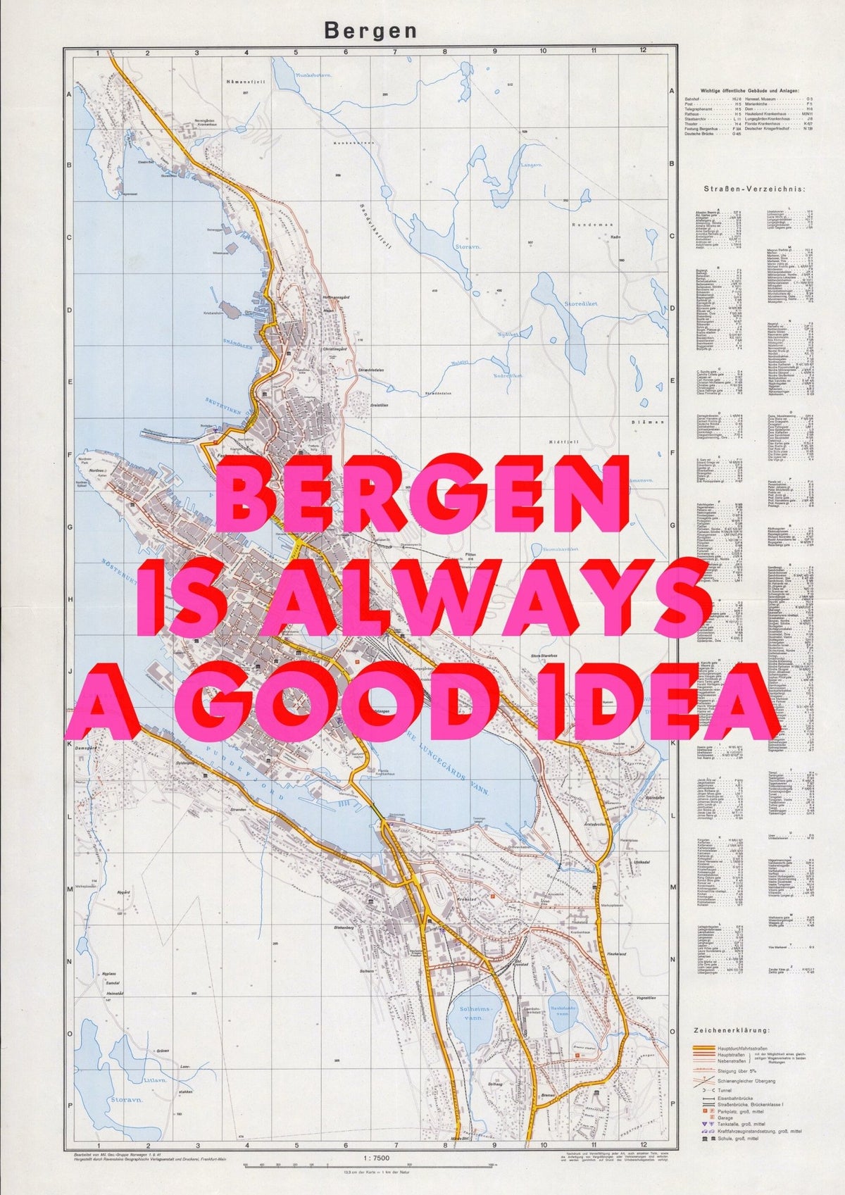 Bergen Retro Pop Art Map Print (portrait) - Magic Posters