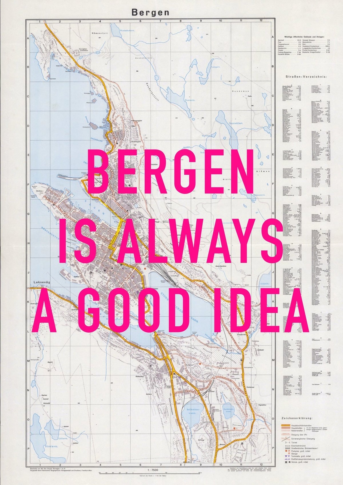 Bergen Retro Pop Art Map Print (portrait) - Magic Posters