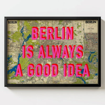 Berlin Retro Pop Art Map Print (landscape) - black frame mockup - Magic Posters