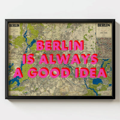 Berlin Retro Pop Art Map Print (landscape) - black frame mockup - Magic Posters
