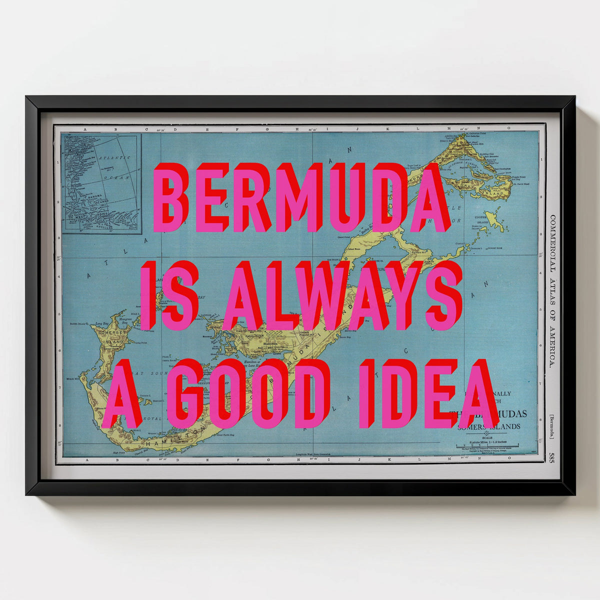 Bermuda Retro Pop Art Map Print (landscape) - black frame mockup - Magic Posters Bold
