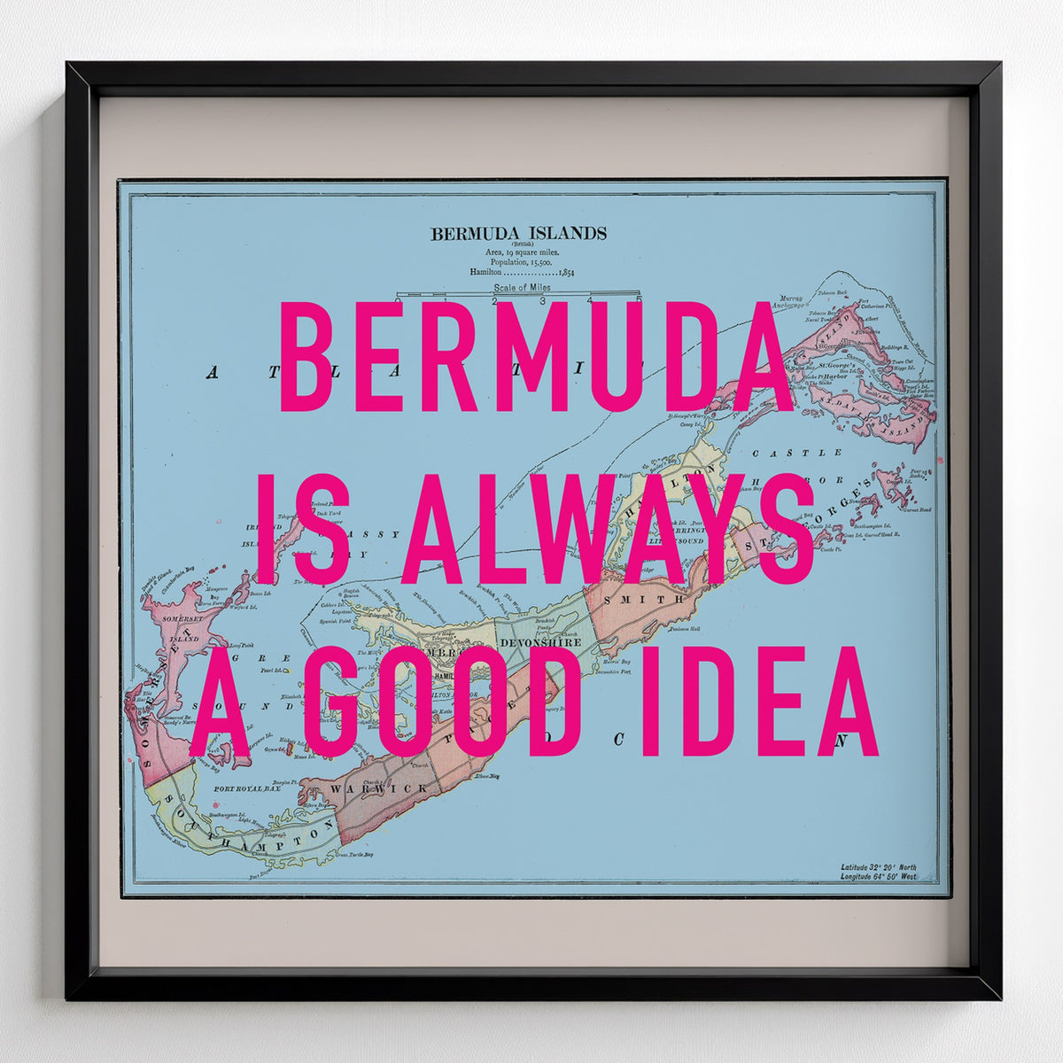 Bermuda Retro Pop Art Map Print (square) - black frame mockup - Magic Posters