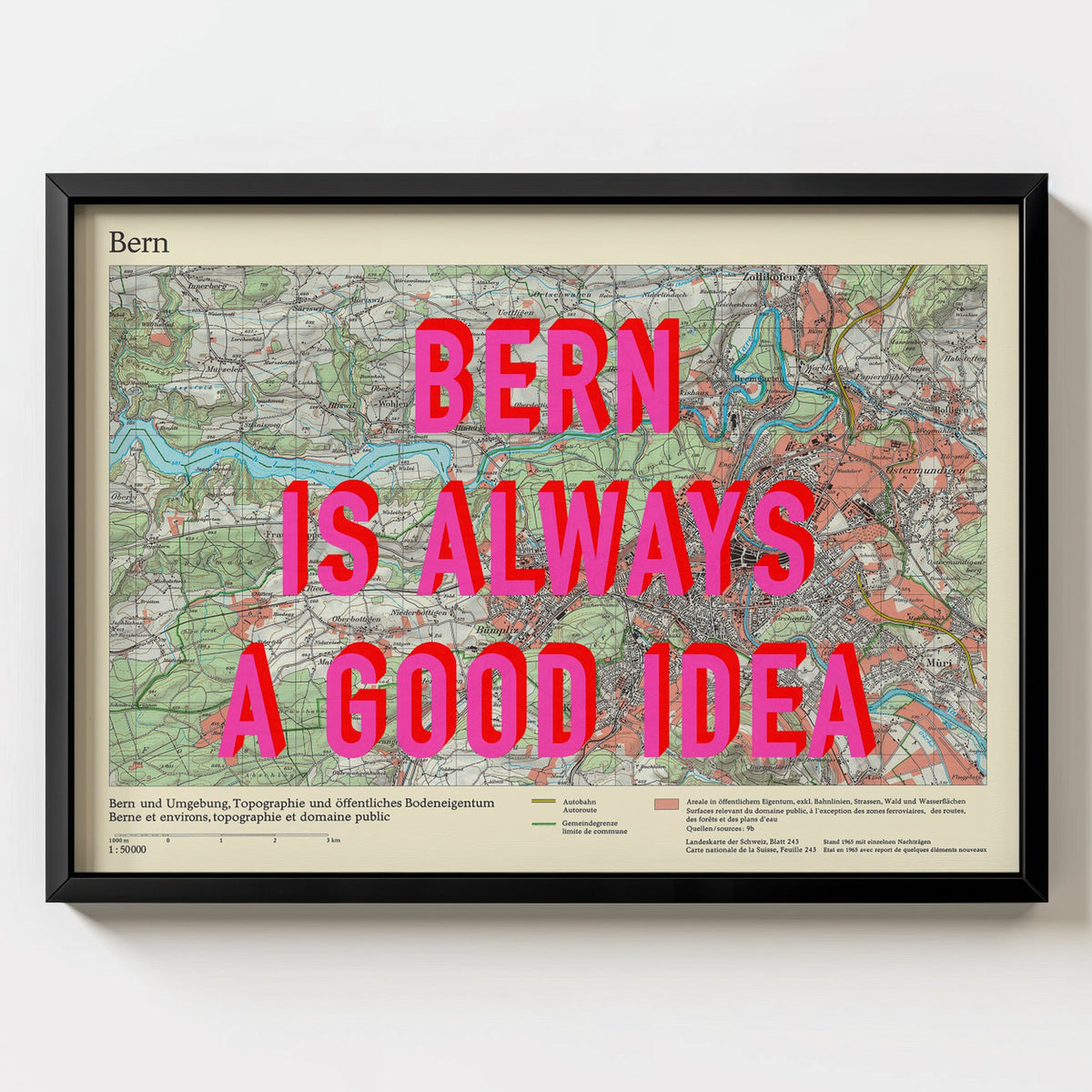 Bern Retro Pop Art Map Print (landscape) - black frame mockup - Magic Posters Bold