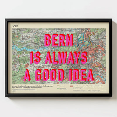 Bern Retro Pop Art Map Print (landscape) - black frame mockup - Magic Posters Bold