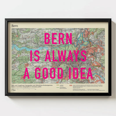 Bern Retro Pop Art Map Print (landscape) - black frame mockup - Magic Posters