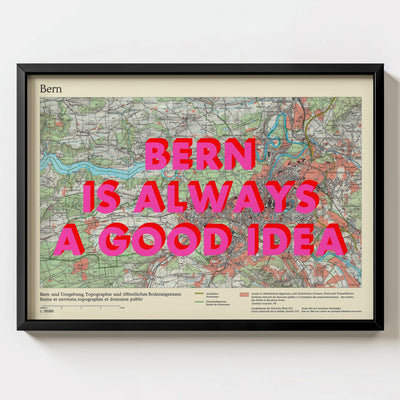 Bern Retro Pop Art Map Print (landscape) - black frame mockup - Magic Posters