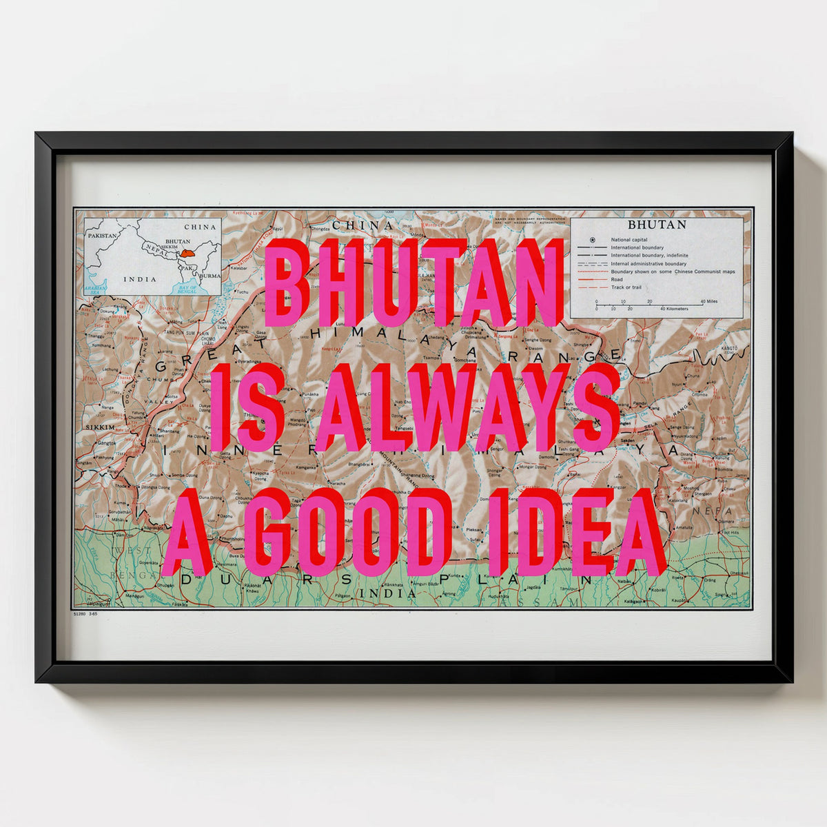 Bhutan Retro Pop Art Map Print (landscape) - black frame mockup - Magic Posters Bold