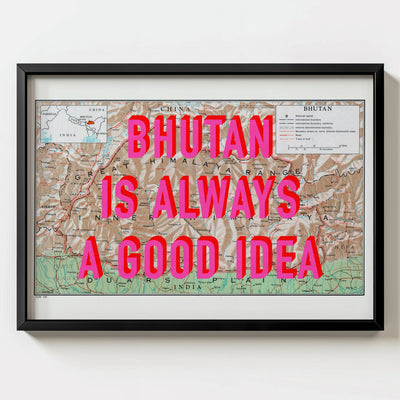 Bhutan Retro Pop Art Map Print (landscape) - black frame mockup - Magic Posters Bold