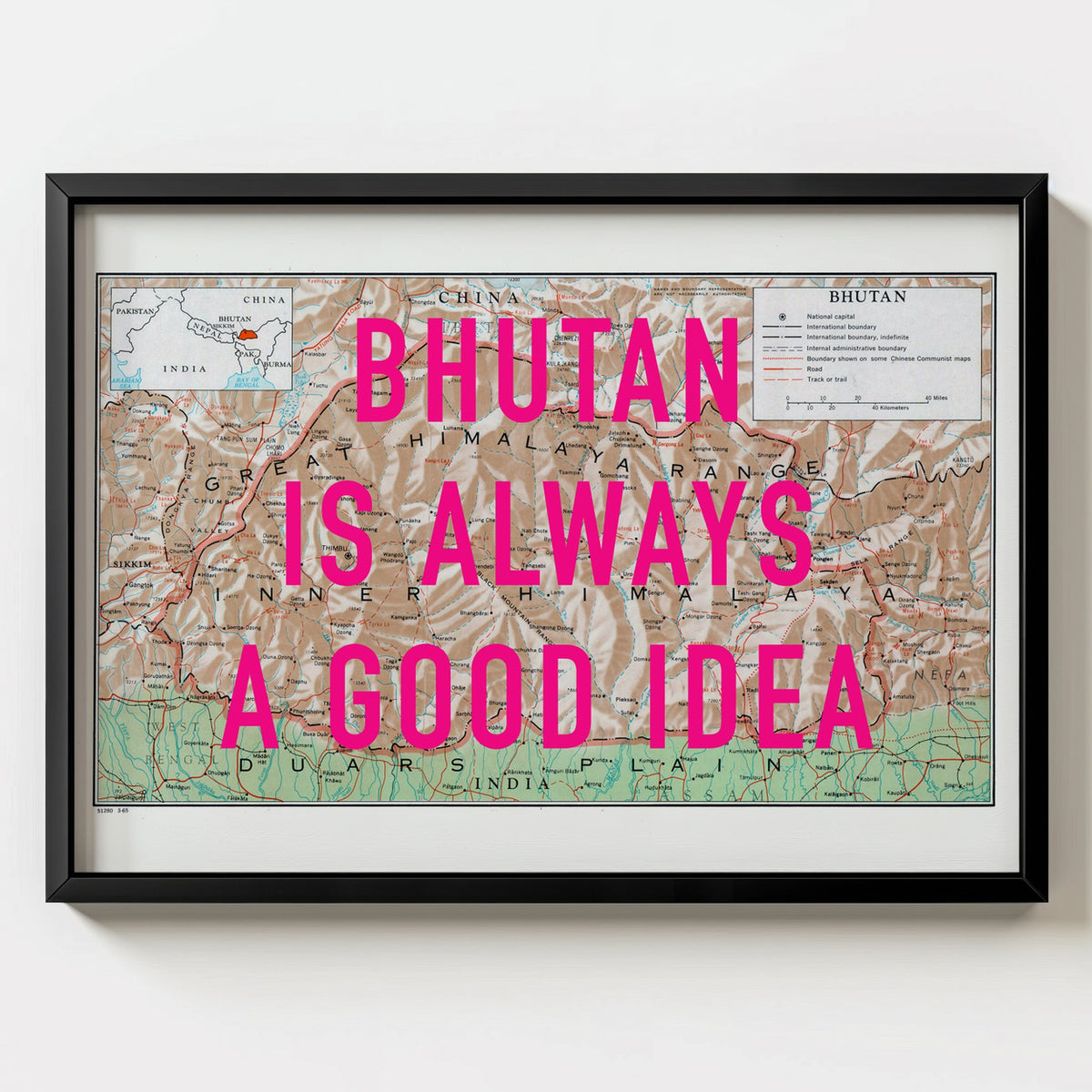 Bhutan Retro Pop Art Map Print (landscape) - black frame mockup - Magic Posters