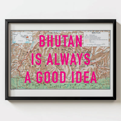 Bhutan Retro Pop Art Map Print (landscape) - black frame mockup - Magic Posters