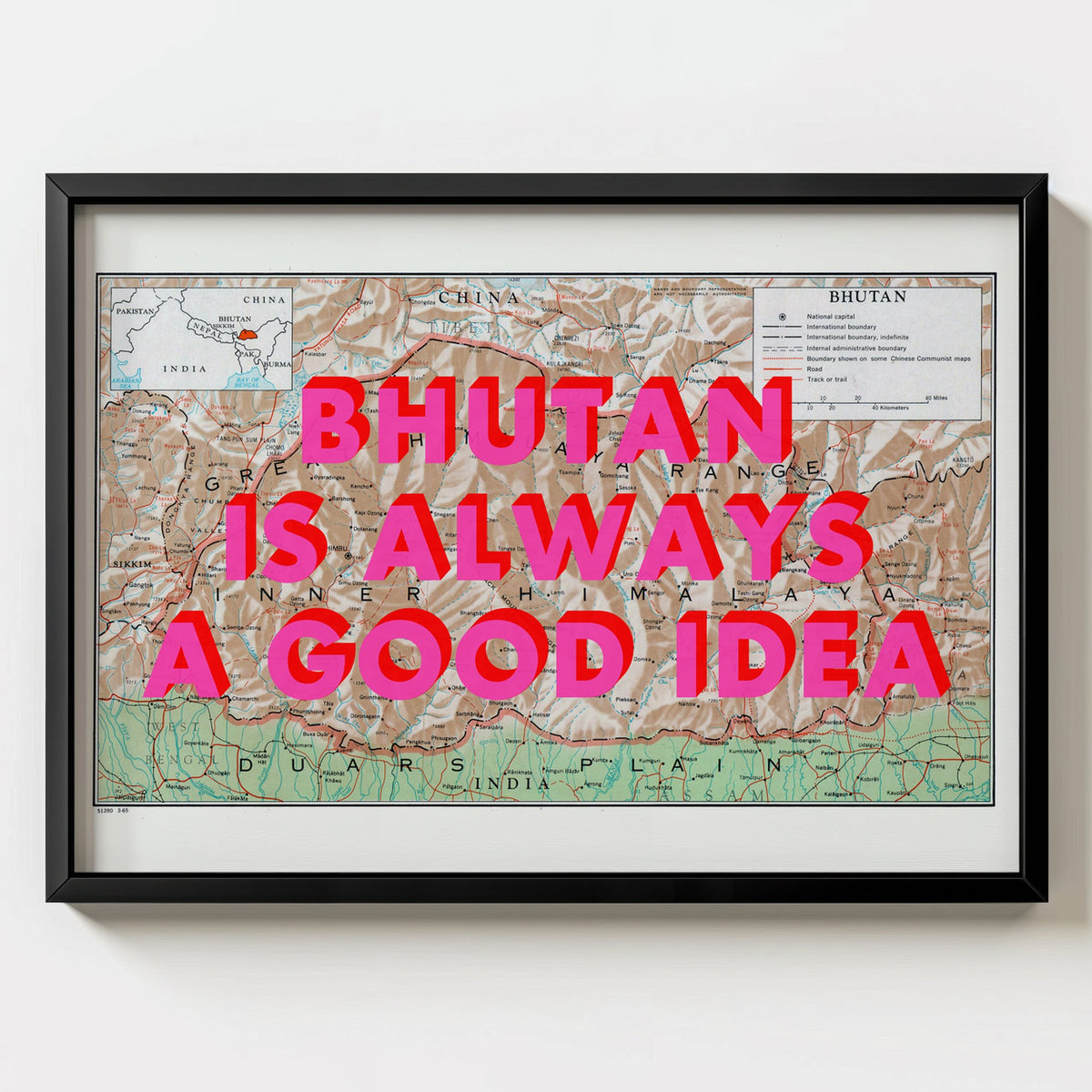 Bhutan Retro Pop Art Map Print (landscape) - black frame mockup - Magic Posters