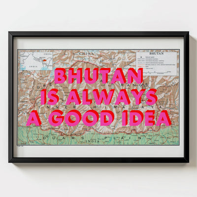 Bhutan Retro Pop Art Map Print (landscape) - black frame mockup - Magic Posters