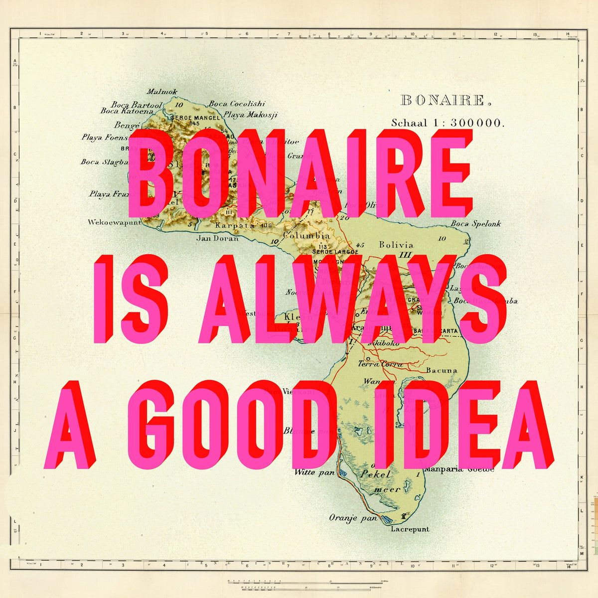 Bonaire Retro Pop Art Map Print (square)