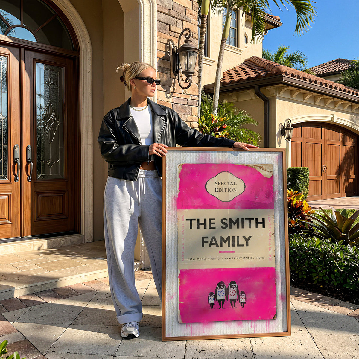 Woman standing beside a large framed pink personalised book cover print reading The Smith Family