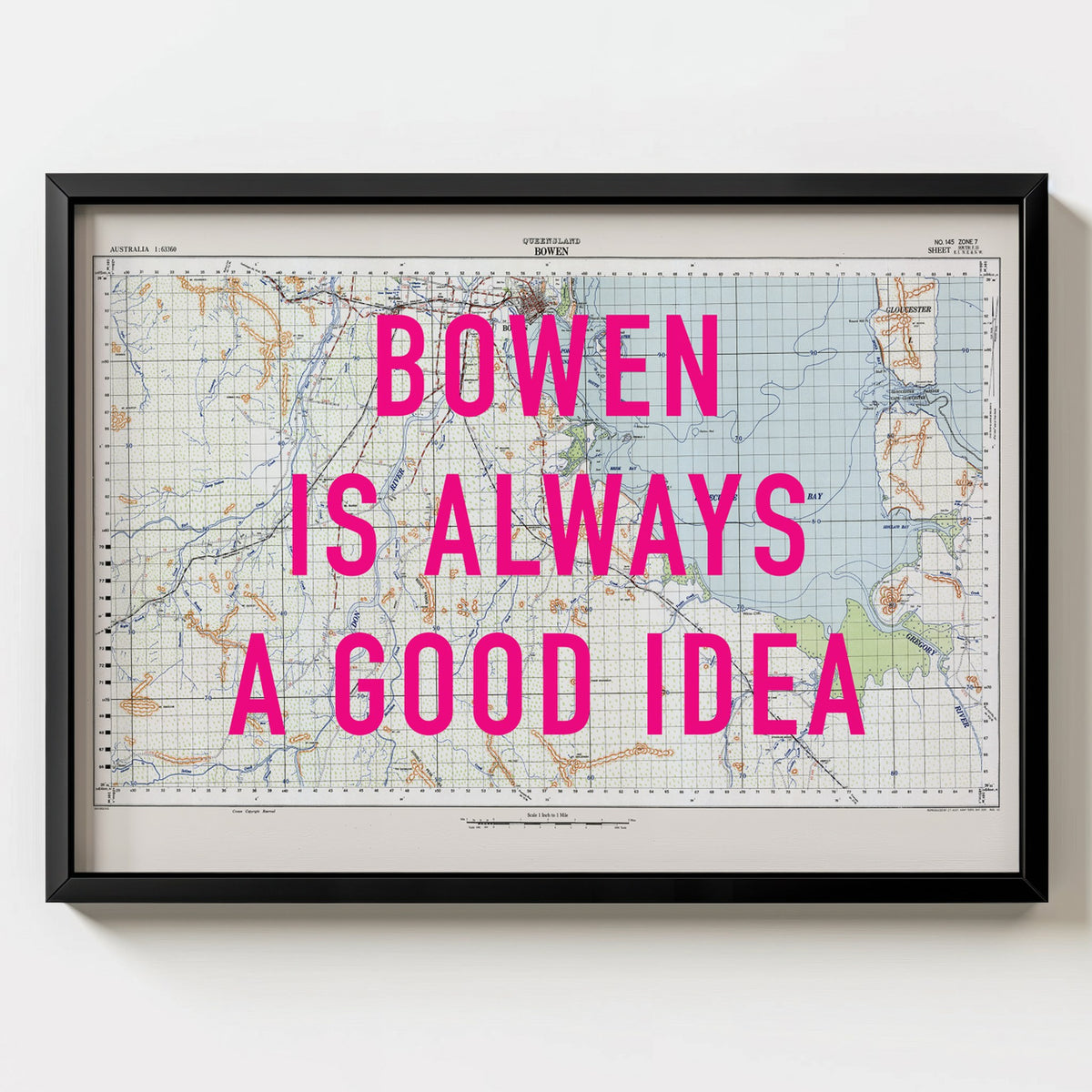 Bowen Retro Pop Art Map Print (landscape) - black frame mockup - Magic Posters