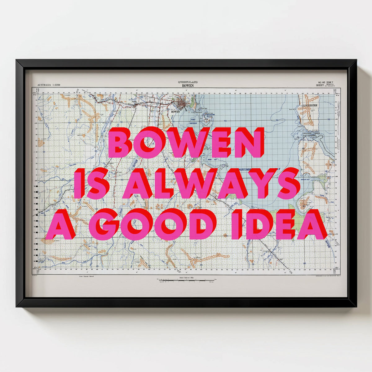 Bowen Retro Pop Art Map Print (landscape) - black frame mockup - Magic Posters