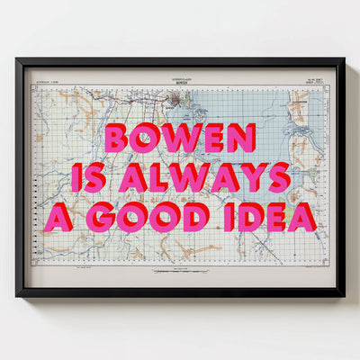 Bowen Retro Pop Art Map Print (landscape) - black frame mockup - Magic Posters