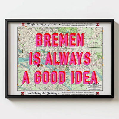 Bremen Retro Pop Art Map Print (landscape) - black frame mockup - Magic Posters Bold