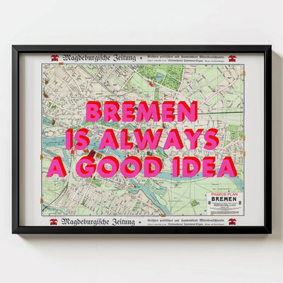 Bremen Retro Pop Art Map Print (landscape) - black frame mockup - Magic Posters