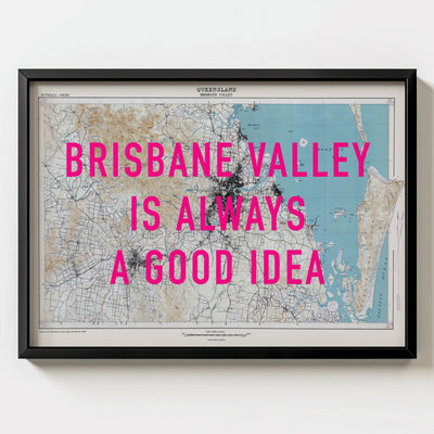 Brisbane Valley Retro Pop Art Map Print (landscape) - black frame mockup - Magic Posters