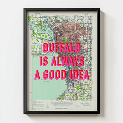 Buffalo Retro Pop Art Map Print (portrait) - black frame mockup - Magic Posters Bold