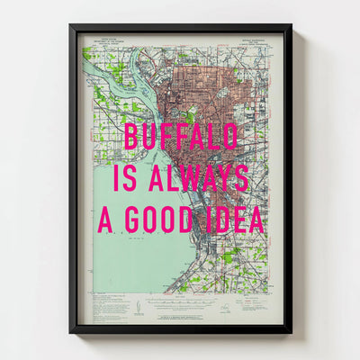 Buffalo Retro Pop Art Map Print (portrait) - black frame mockup - Magic Posters