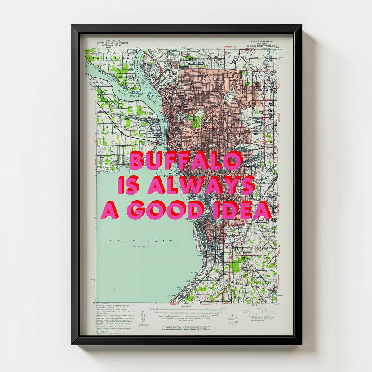 Buffalo Retro Pop Art Map Print (portrait) - black frame mockup - Magic Posters