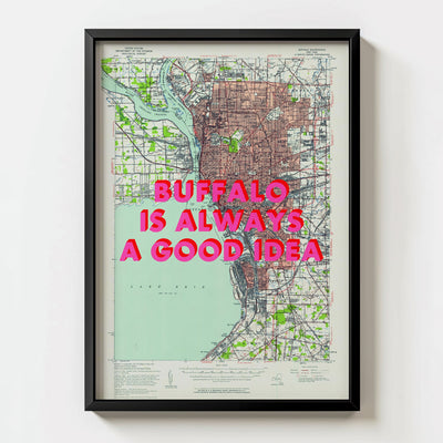 Buffalo Retro Pop Art Map Print (portrait) - black frame mockup - Magic Posters