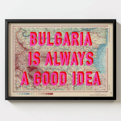 Bulgaria Retro Pop Art Map Print (landscape) - black frame mockup - Magic Posters