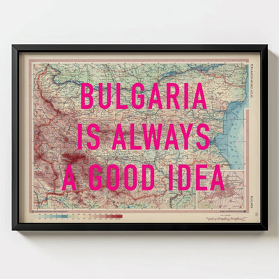 Bulgaria Retro Pop Art Map Print (landscape) - black frame mockup - Magic Posters