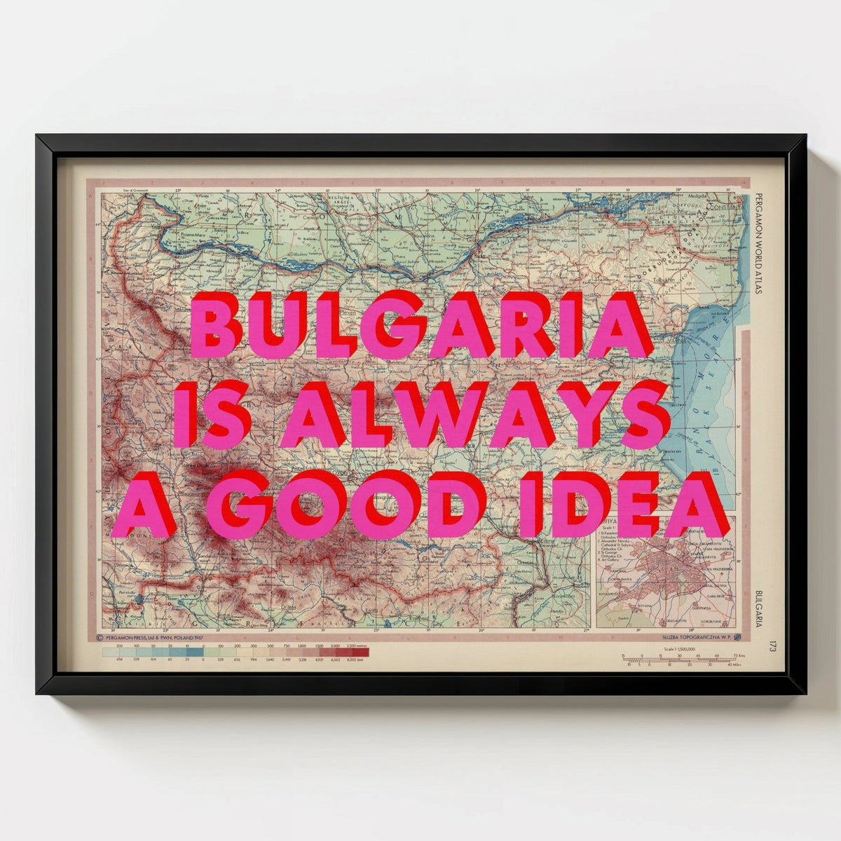 Bulgaria Retro Pop Art Map Print (landscape) - black frame mockup - Magic Posters