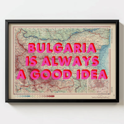 Bulgaria Retro Pop Art Map Print (landscape) - black frame mockup - Magic Posters