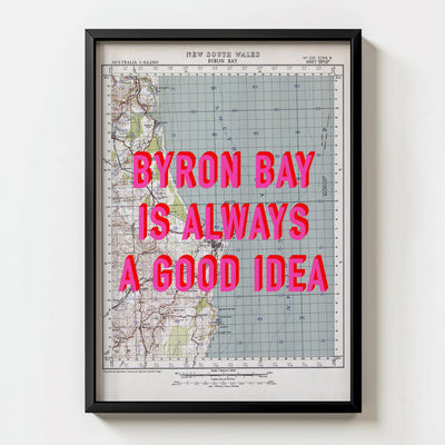 Byron Bay Retro Pop Art Map Print (portrait) - black frame mockup - Magic Posters Bold