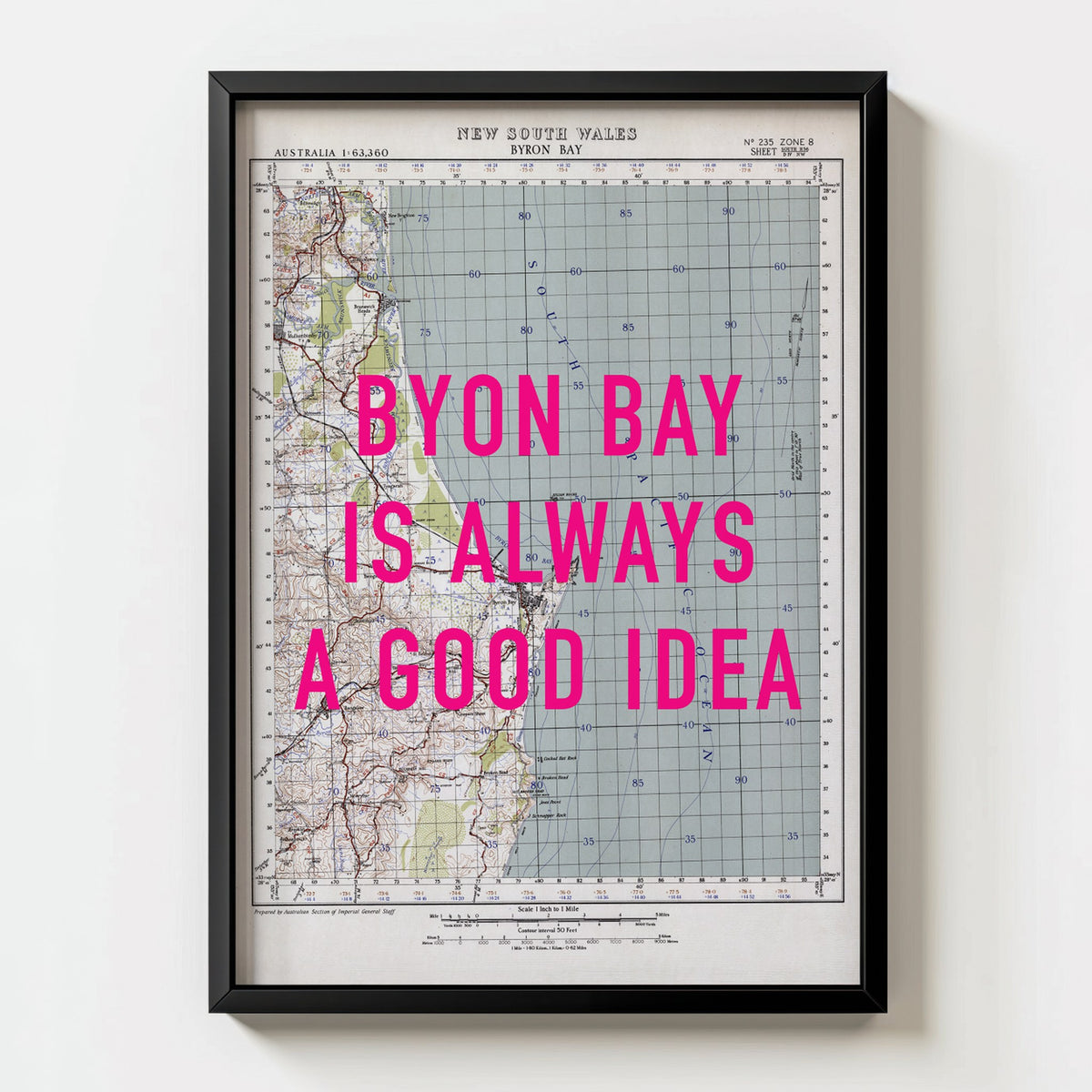 Byron Bay Retro Pop Art Map Print (portrait) - black frame mockup - Magic Posters