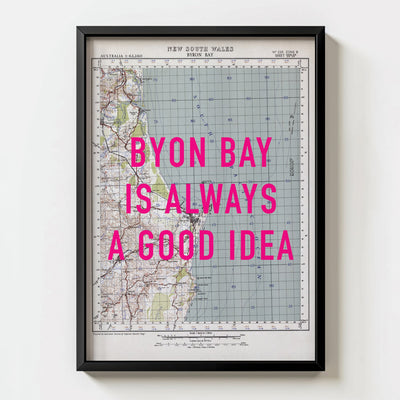 Byron Bay Retro Pop Art Map Print (portrait) - black frame mockup - Magic Posters