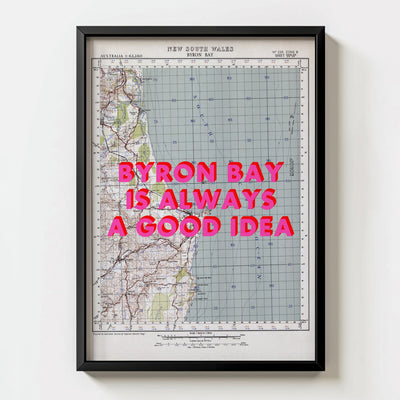 Byron Bay Retro Pop Art Map Print (portrait) - black frame mockup - Magic Posters
