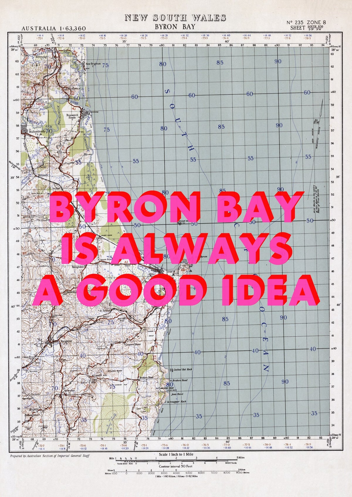 Byron Bay Retro Pop Art Map Print (portrait) - Magic Posters